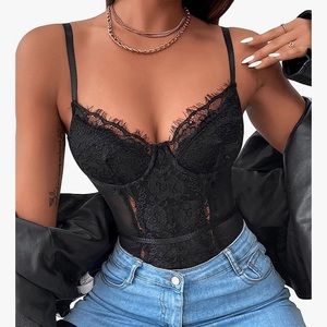NWT. Women's Sheer Mesh Floral Lace Bodysuit